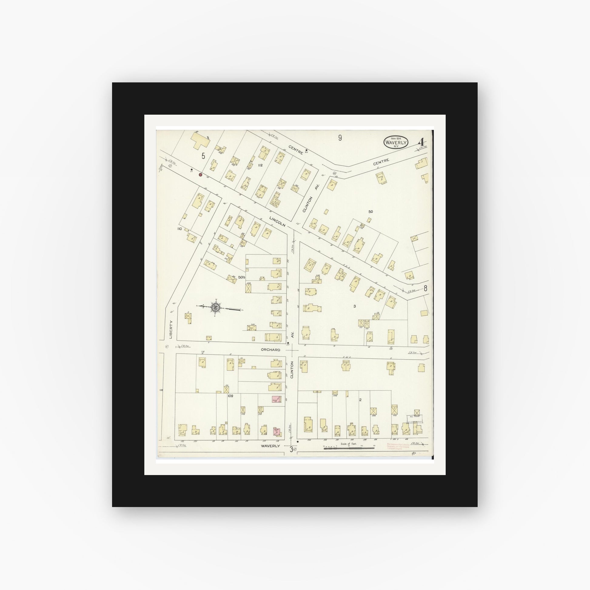 Old map wall art mockup — black gallery frame with white mat — Sanborn Fire Insurance Map from Waverly, Tioga County, New York (1914), Sheet #0004