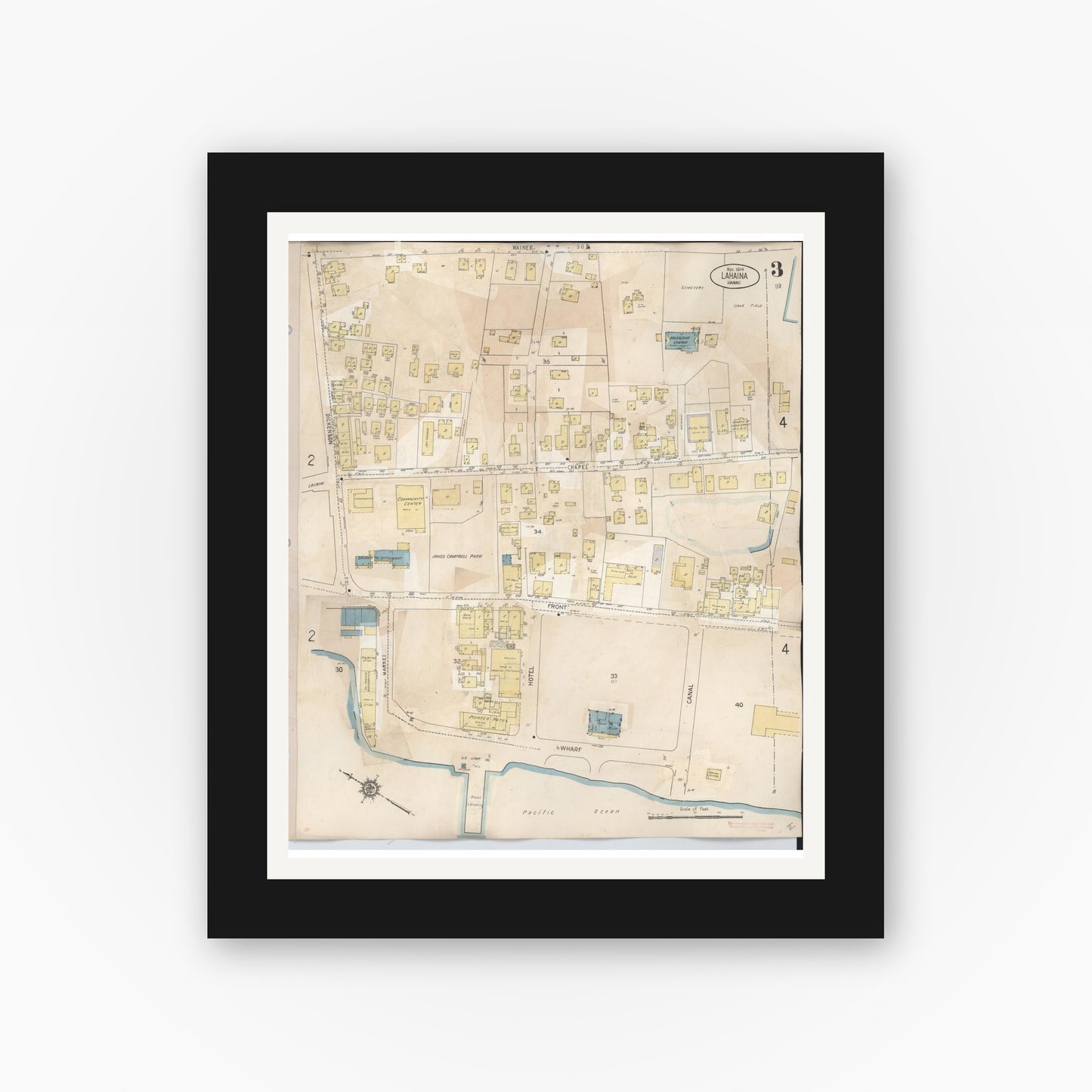 Old map wall art mockup — black gallery frame with white mat — Sanborn Fire Insurance Map from Lahaina, Maui County, Hawaii (1950), Sheet #0003
