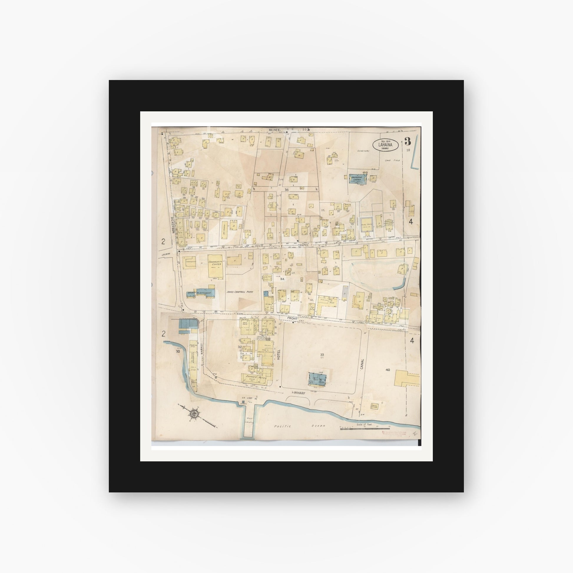 Old map wall art mockup — black gallery frame with white mat — Sanborn Fire Insurance Map from Lahaina, Maui County, Hawaii (1950), Sheet #0003