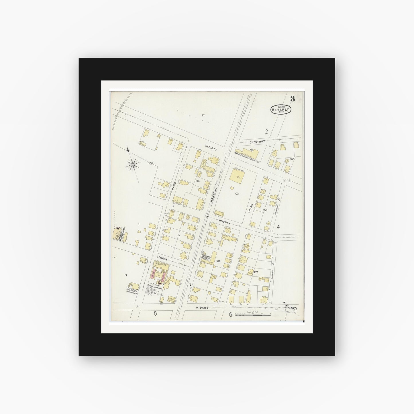 Old map wall art mockup — black gallery frame with white mat — Sanborn Fire Insurance Map from Beverly, Essex County, Massachusetts (1896), Sheet #0003