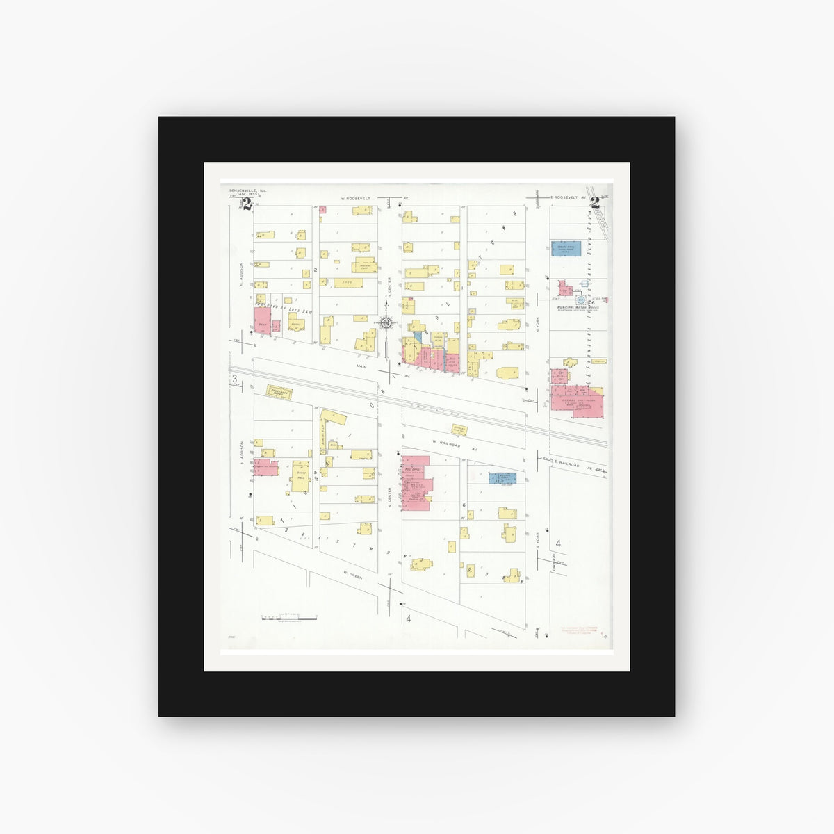 Old map wall art mockup — black gallery frame with white mat — Sanborn Fire Insurance Map from Bensenville, Dupage County, Illinois (1933), Sheet #0002