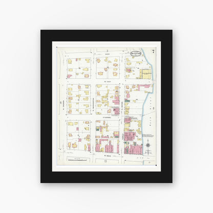 Old map wall art mockup — black gallery frame with white mat — Sanborn Fire Insurance Map from Watertown, Jefferson County, Wisconsin (1909), Sheet #0007