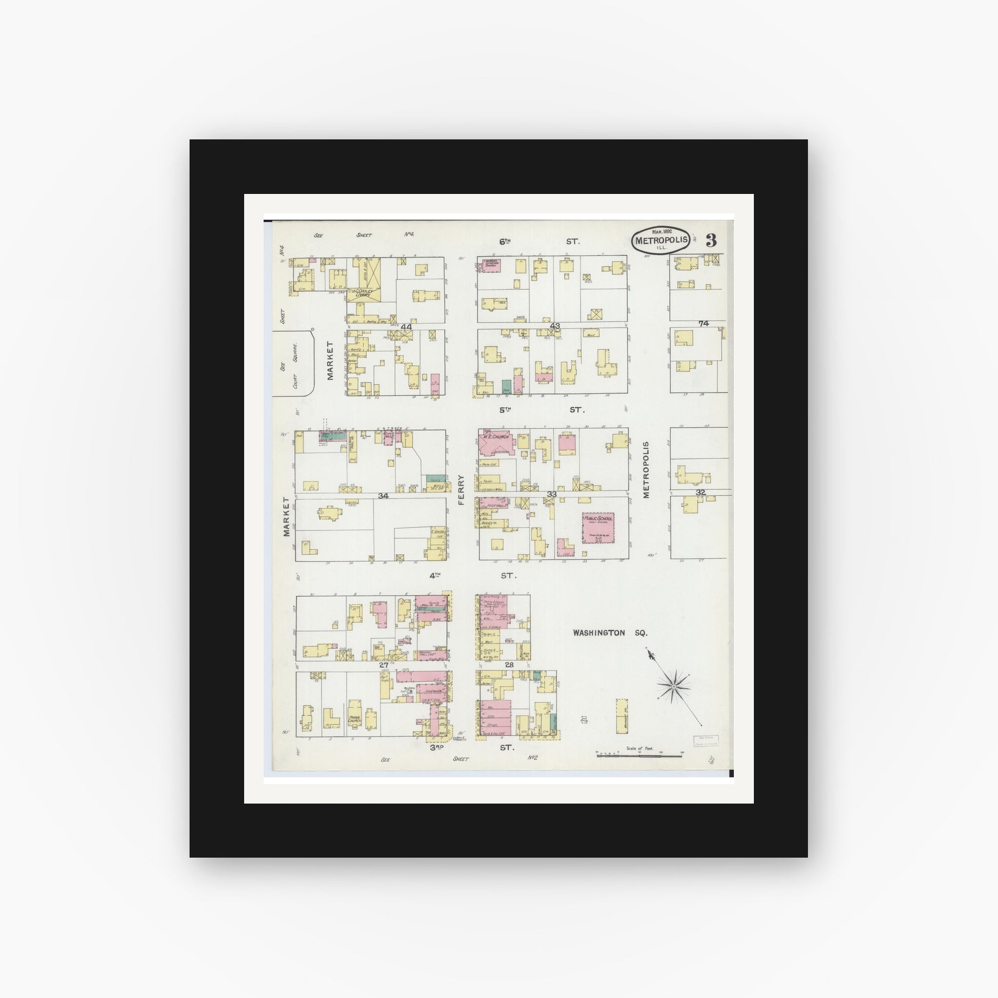 Old map wall art mockup — black gallery frame with white mat — Sanborn Fire Insurance Map from Metropolis, Massac County, Illinois (1892), Sheet #0003