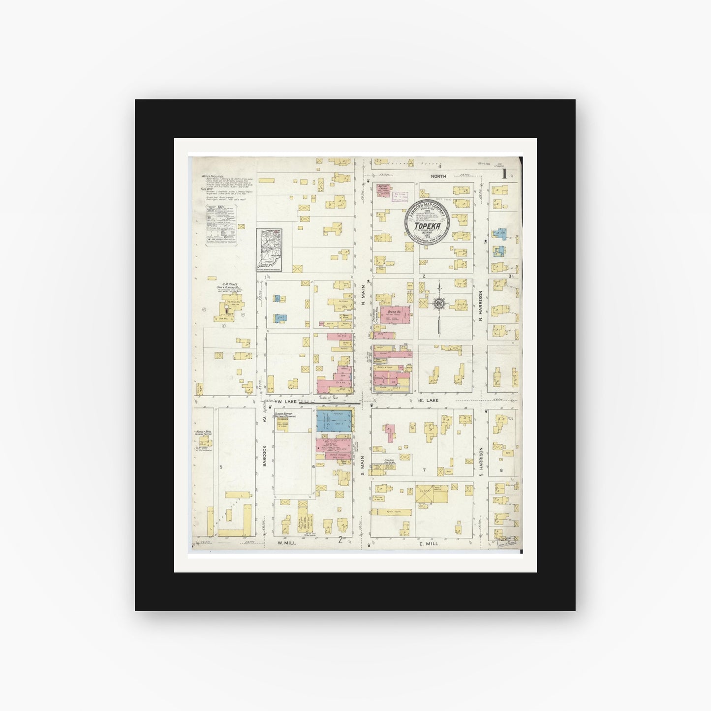 Old map wall art mockup — black gallery frame with white mat — Sanborn Fire Insurance Map from Topeka, LaGrange County, Indiana (1916), Sheet #0001