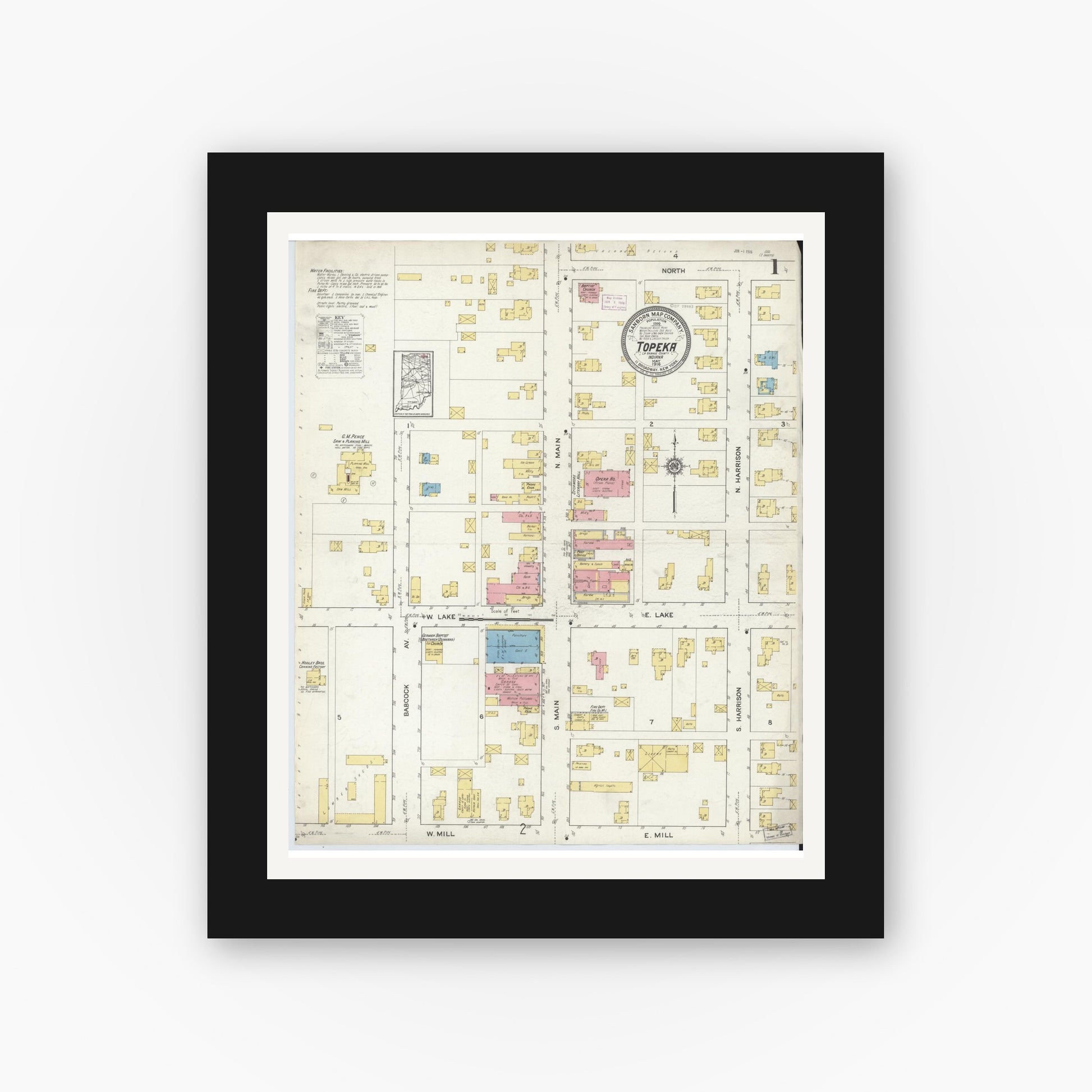 Old map wall art mockup — black gallery frame with white mat — Sanborn Fire Insurance Map from Topeka, LaGrange County, Indiana (1916), Sheet #0001