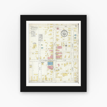 Old map wall art mockup — black gallery frame with white mat — Sanborn Fire Insurance Map from Topeka, LaGrange County, Indiana (1916), Sheet #0001