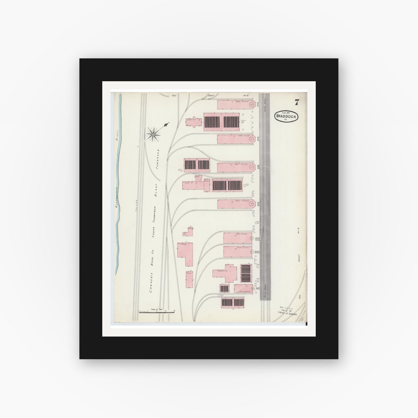 Old map wall art mockup — black gallery frame with white mat — Sanborn Fire Insurance Map from Braddock, Allegheny County, Pennsylvania (1891), Sheet #0007