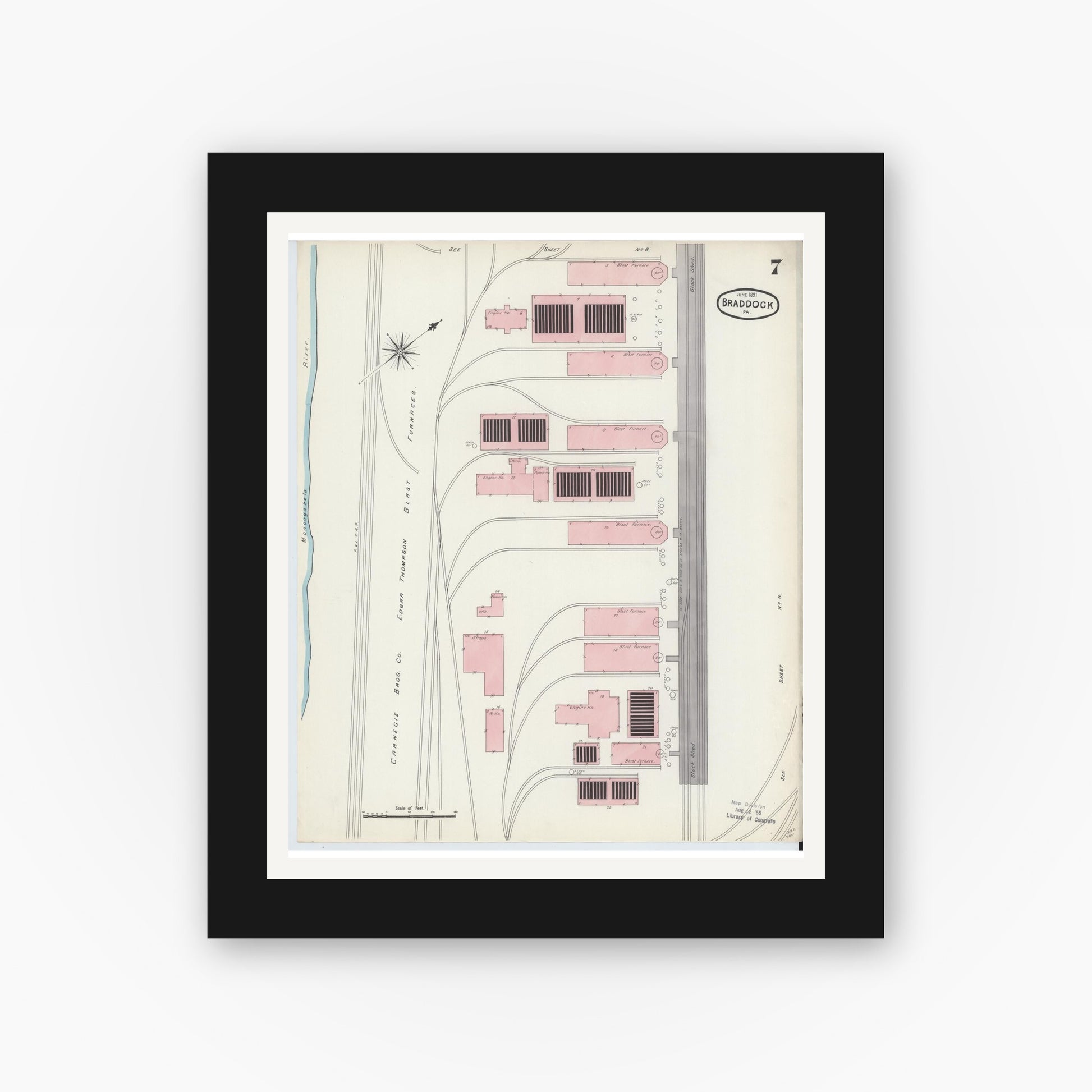 Old map wall art mockup — black gallery frame with white mat — Sanborn Fire Insurance Map from Braddock, Allegheny County, Pennsylvania (1891), Sheet #0007