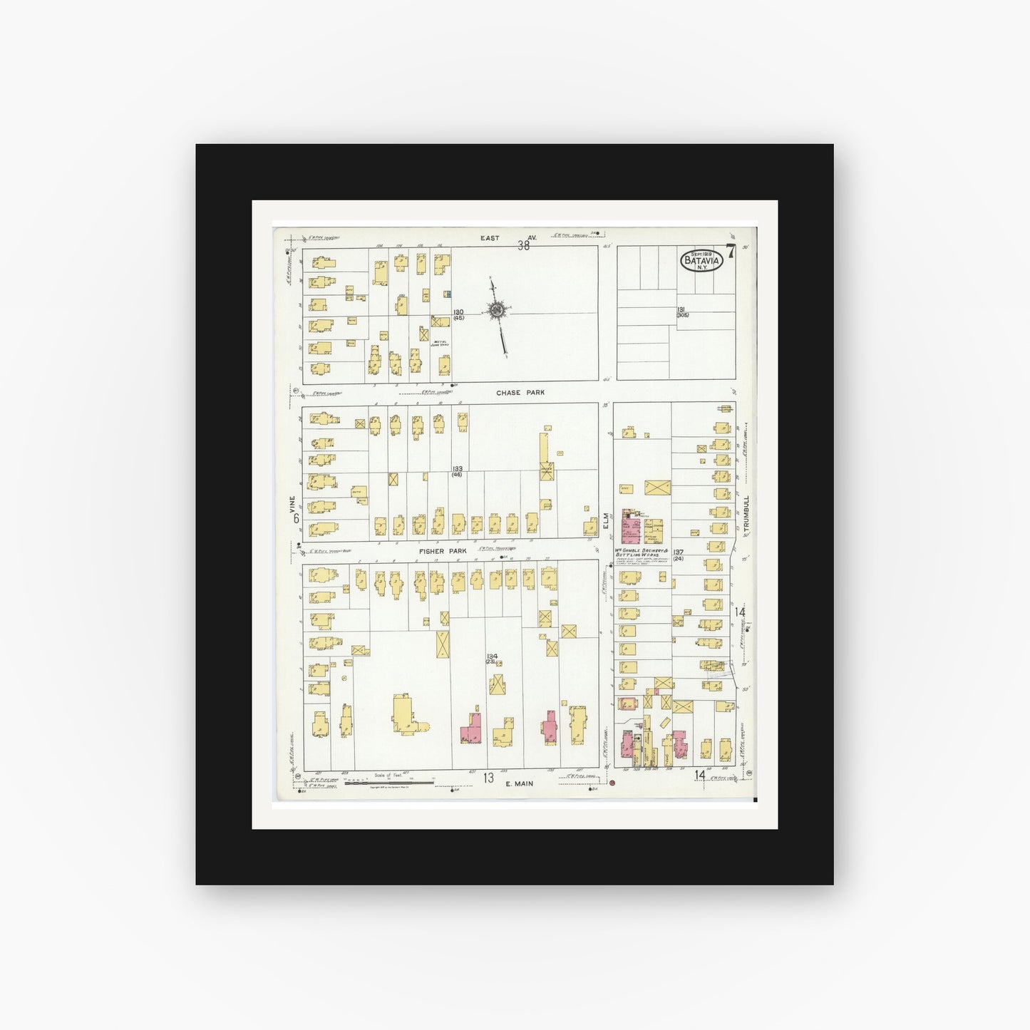 Old map wall art mockup — black gallery frame with white mat — Sanborn Fire Insurance Map from Batavia, Genesee County, New York (1919), Sheet #0007