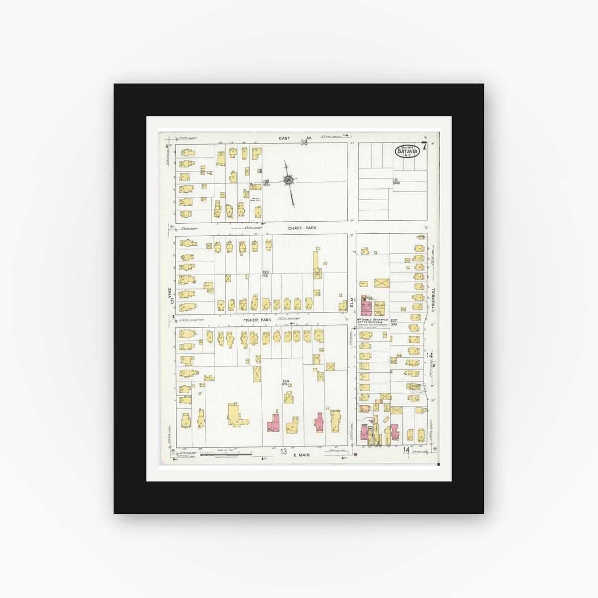 Old map wall art mockup — black gallery frame with white mat — Sanborn Fire Insurance Map from Batavia, Genesee County, New York (1919), Sheet #0007