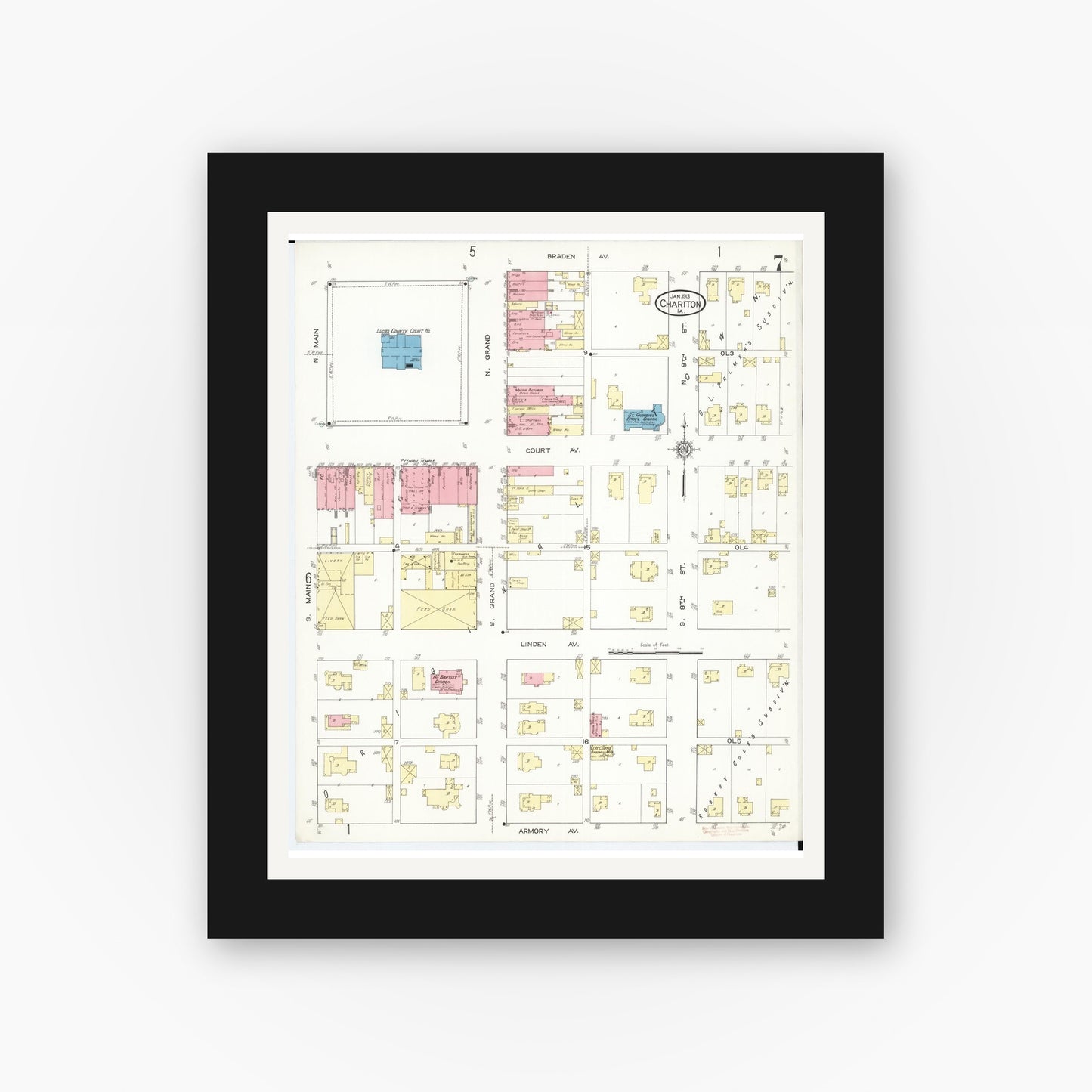 Old map wall art mockup — black gallery frame with white mat — Sanborn Fire Insurance Map from Chariton, Lucas County, Iowa (1913), Sheet #0007