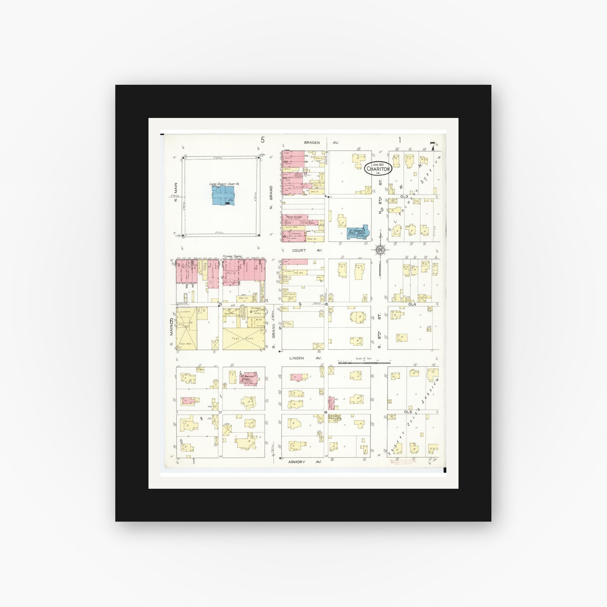 Old map wall art mockup — black gallery frame with white mat — Sanborn Fire Insurance Map from Chariton, Lucas County, Iowa (1913), Sheet #0007
