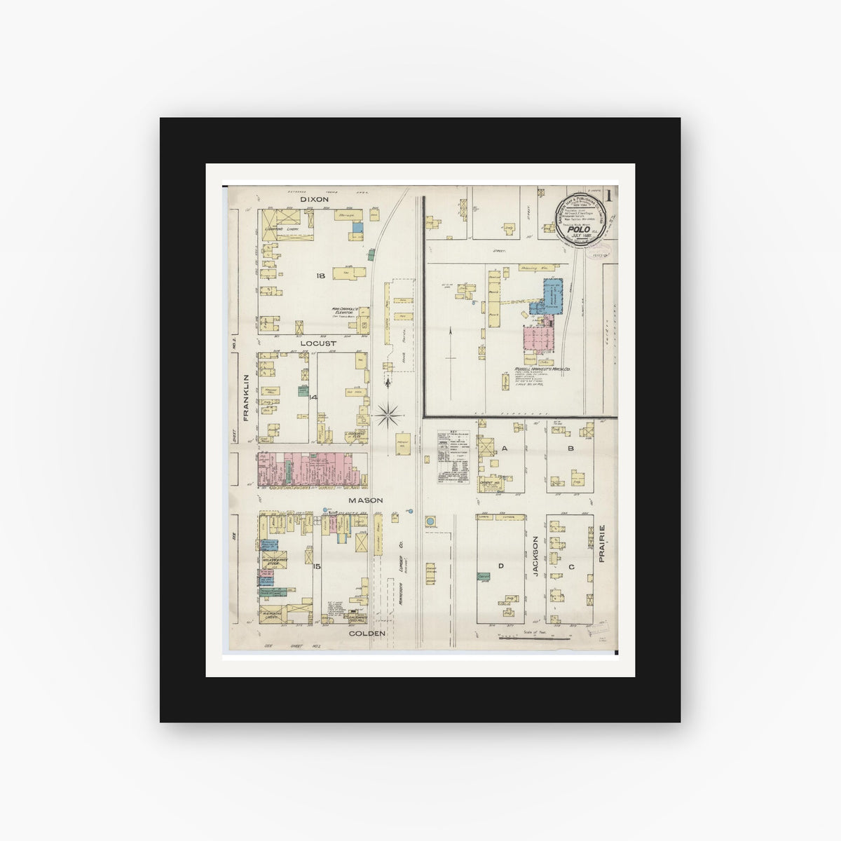 Old map wall art mockup — black gallery frame with white mat — Sanborn Fire Insurance Map from Polo, Ogle County, Illinois (1885), Sheet #0001