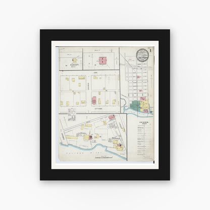 Old map wall art mockup — black gallery frame with white mat — Sanborn Fire Insurance Map from Oak Harbor, Ottawa County, Ohio (1893), Sheet #0001