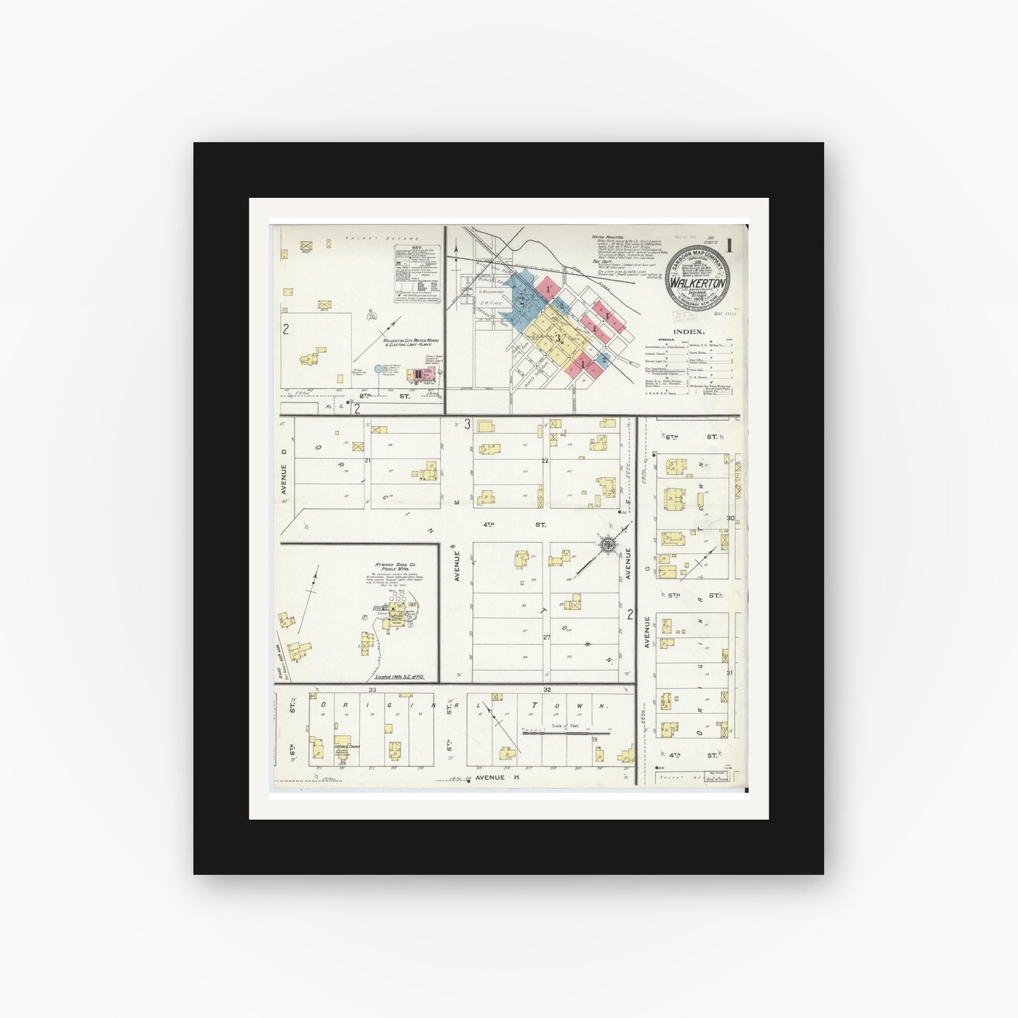 Old map wall art mockup — black gallery frame with white mat — Sanborn Fire Insurance Map from Walkerton, Saint Joseph County, Indiana (1909) - Complete Map Set