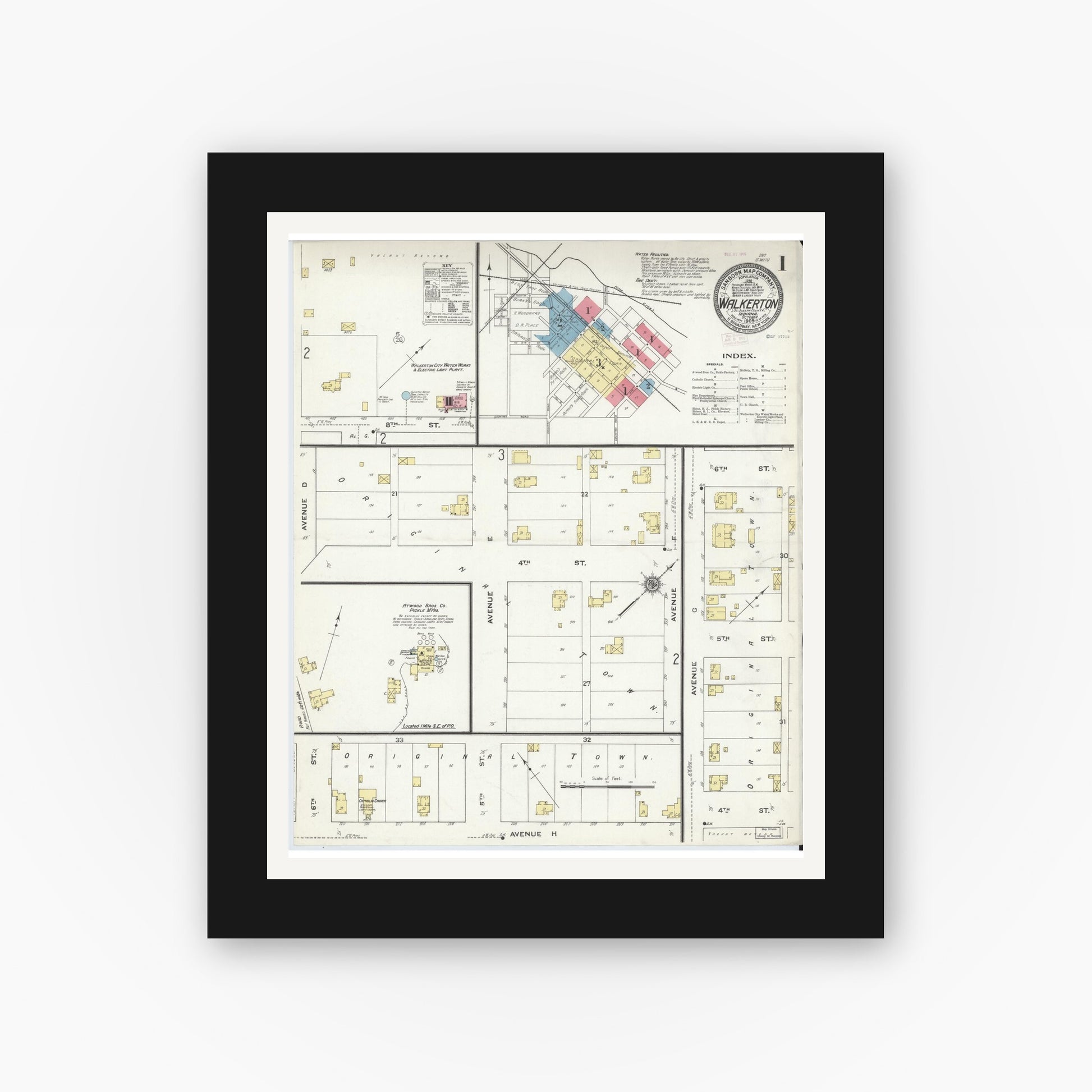 Old map wall art mockup — black gallery frame with white mat — Sanborn Fire Insurance Map from Walkerton, Saint Joseph County, Indiana (1909) - Complete Map Set