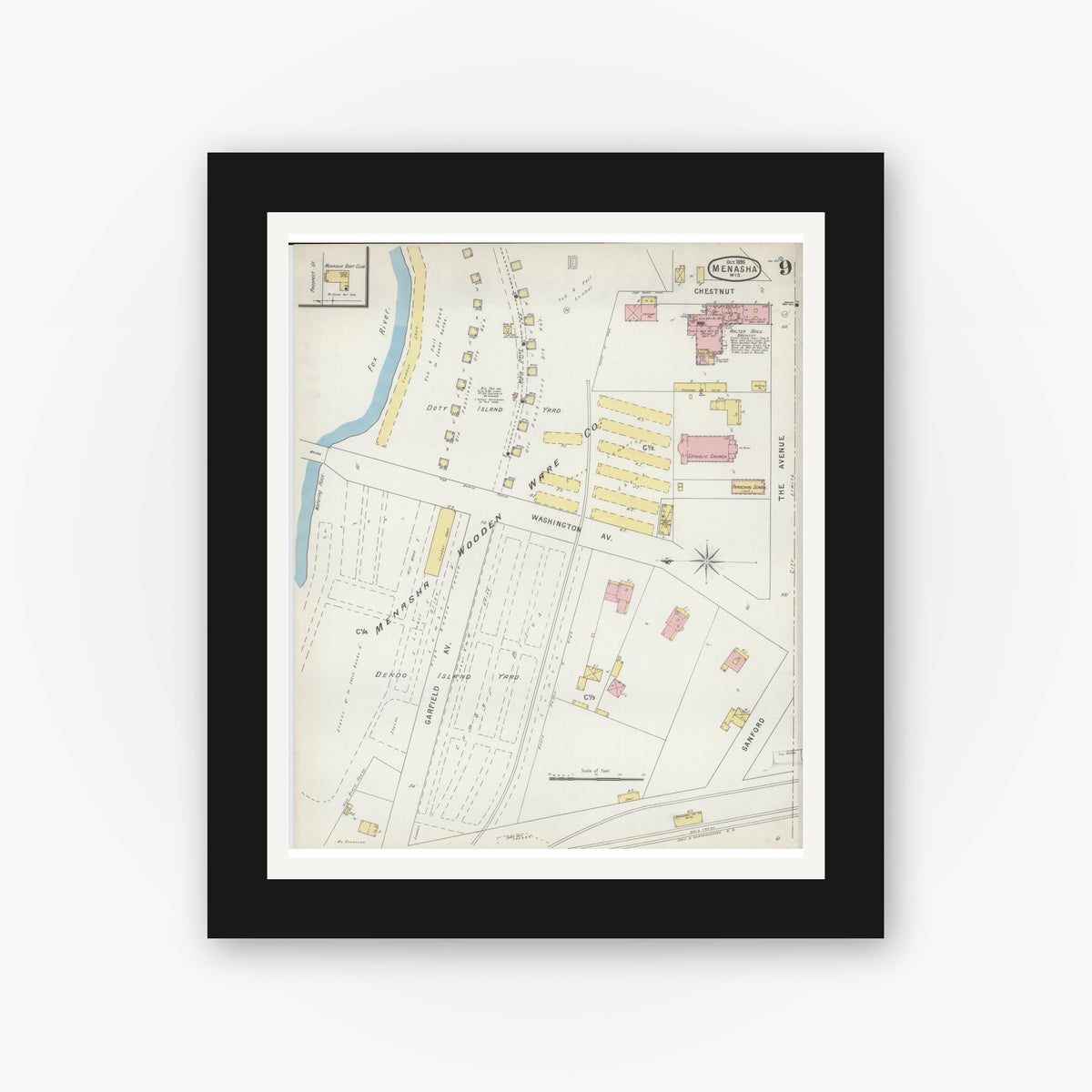 Old map wall art mockup — black gallery frame with white mat — Sanborn Fire Insurance Map from Menasha, Winnebago County, Wisconsin (1895), Sheet #0009
