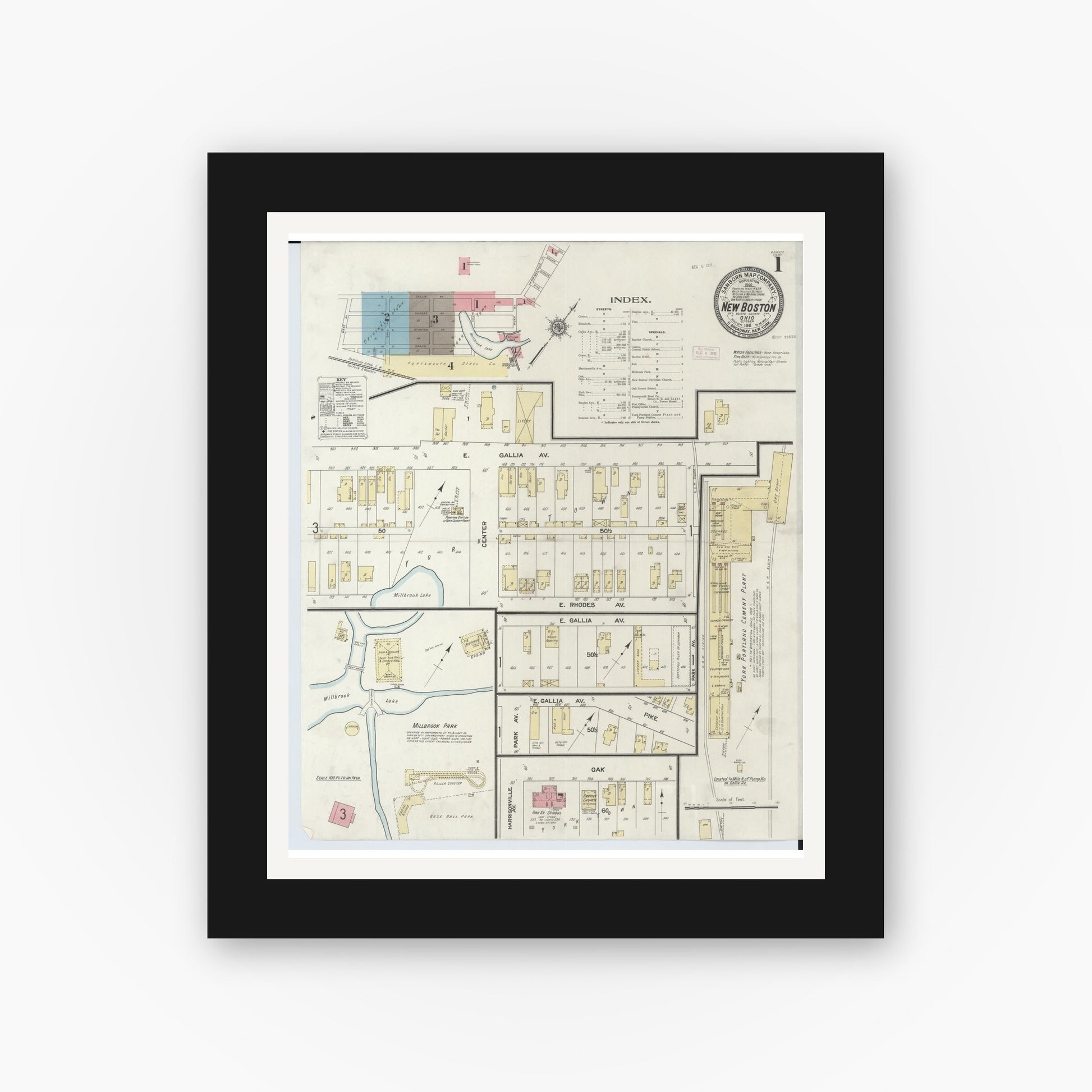 Old map wall art mockup — black gallery frame with white mat — Sanborn Fire Insurance Map from New Boston, Scioto County, Ohio (1911) - Complete Map Set