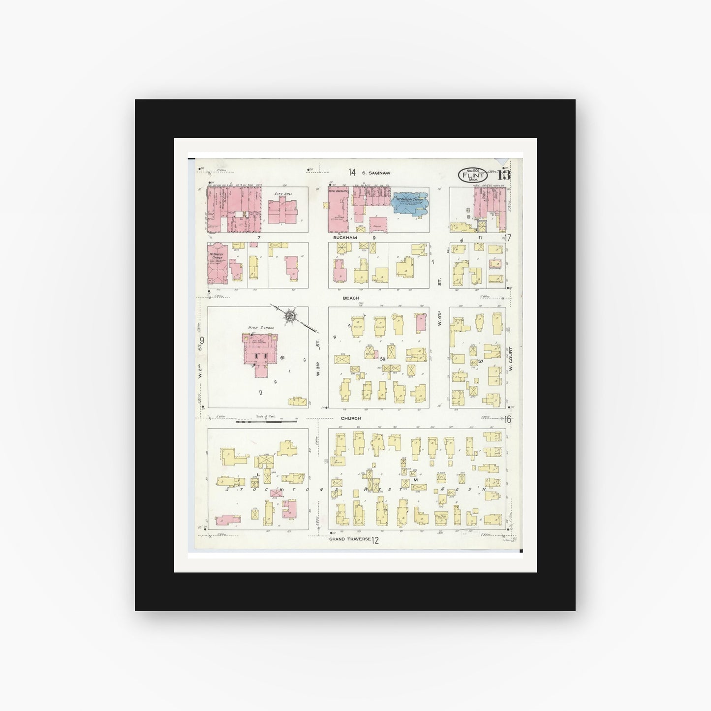 Old map wall art mockup — black gallery frame with white mat — Sanborn Fire Insurance Map from Flint, Genesee County, Michigan (1909), Sheet #0013