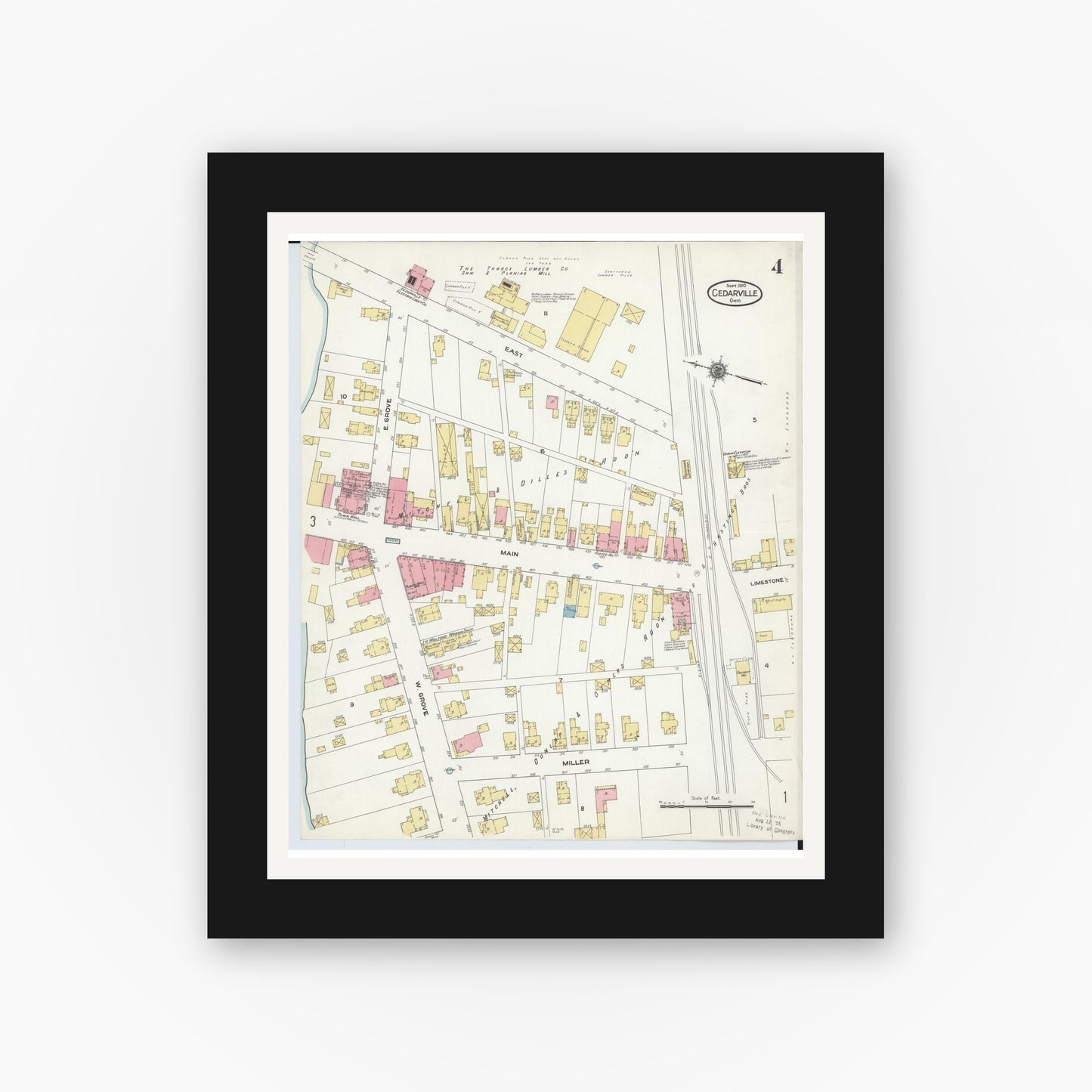 Old map wall art mockup — black gallery frame with white mat — Sanborn Fire Insurance Map from Cedarville, Greene County, Ohio (1910), Sheet #0004