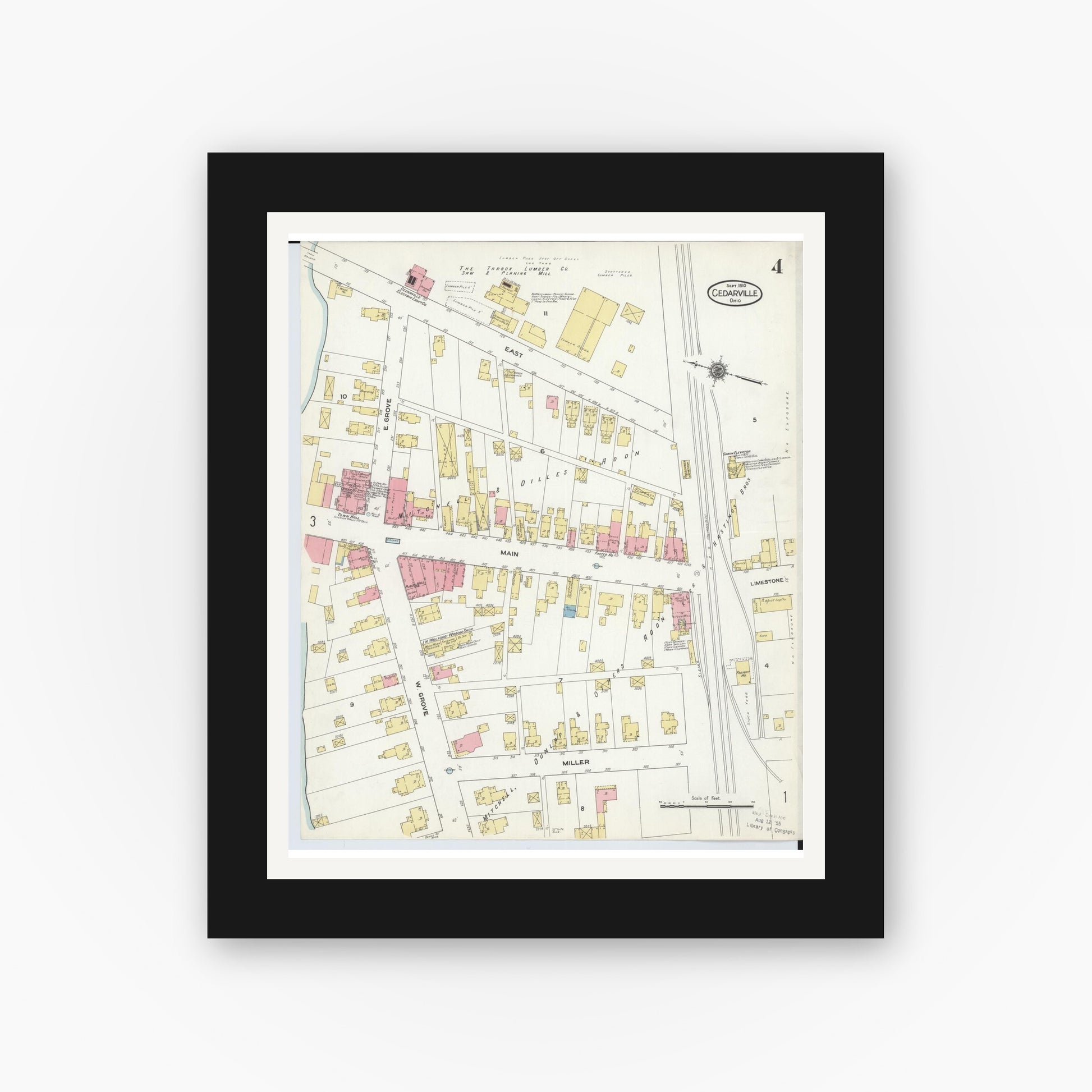 Old map wall art mockup — black gallery frame with white mat — Sanborn Fire Insurance Map from Cedarville, Greene County, Ohio (1910), Sheet #0004