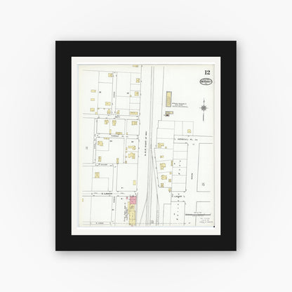 Old map wall art mockup — black gallery frame with white mat — Sanborn Fire Insurance Map from McKinney, Collin County, Texas (1920), Sheet #0012