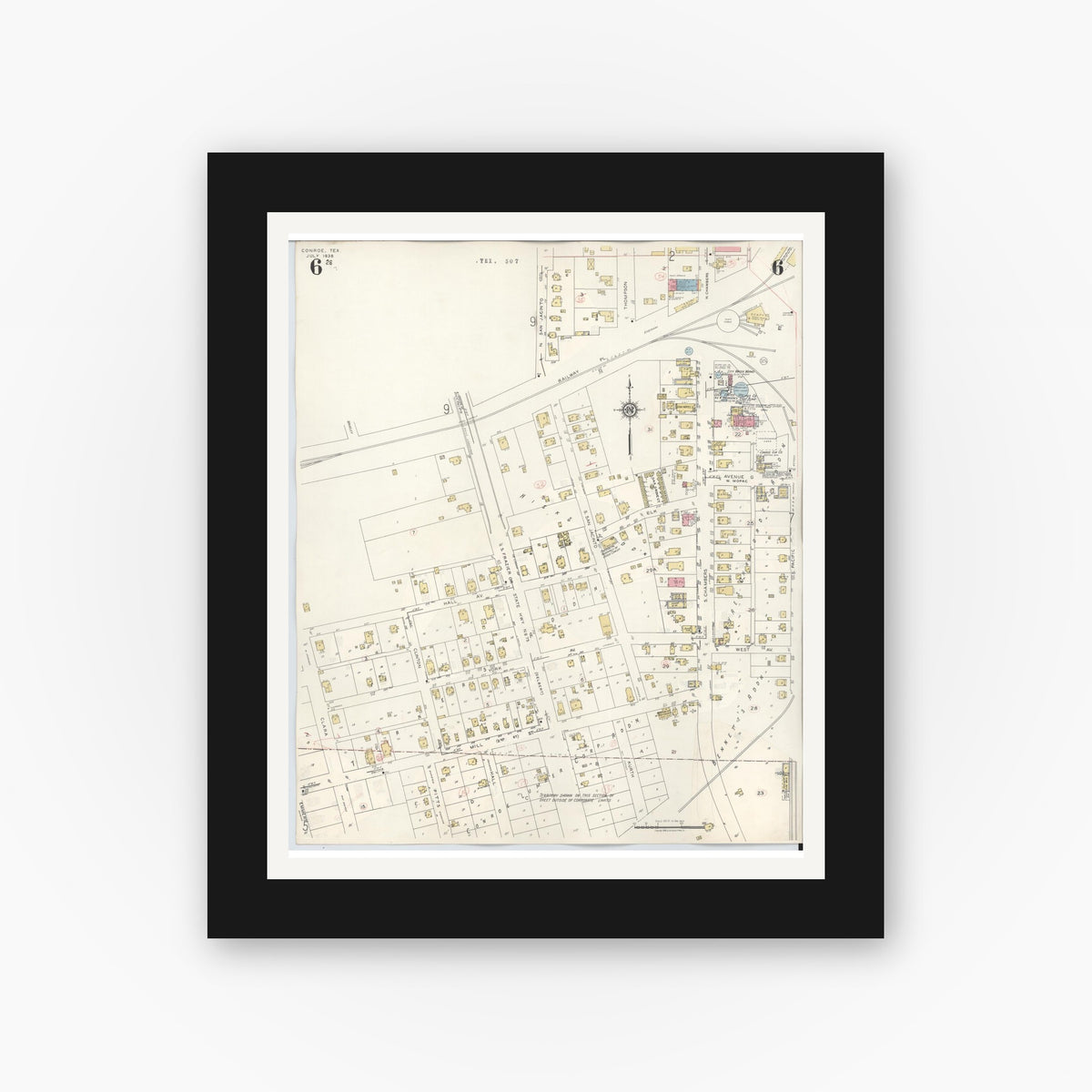 Old map wall art mockup — black gallery frame with white mat — Sanborn Fire Insurance Map from Conroe, Montgomery County, Texas (1943), Sheet #0006