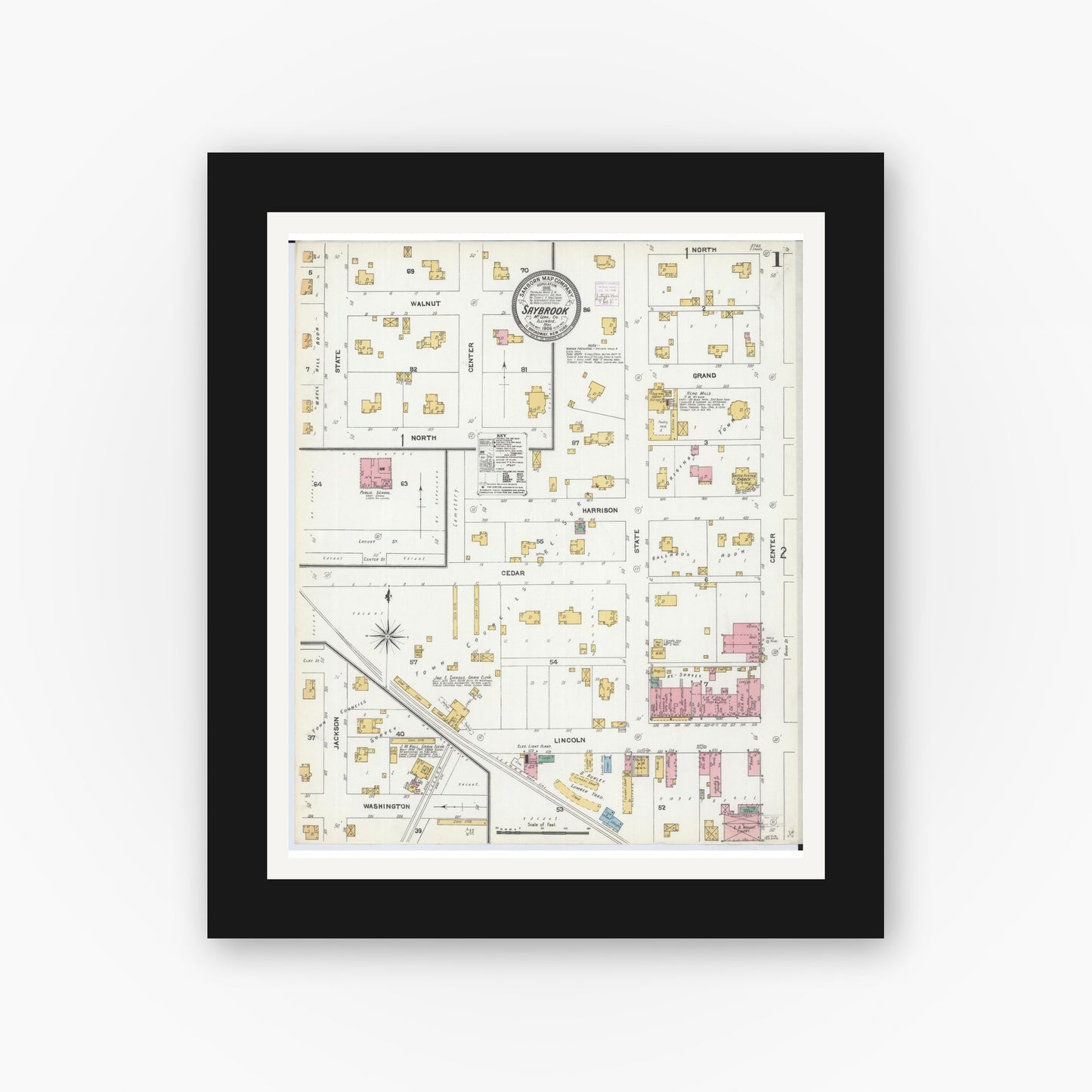 Old map wall art mockup — black gallery frame with white mat — Sanborn Fire Insurance Map from Saybrook, McLean County, Illinois (1906) - Complete Map Set