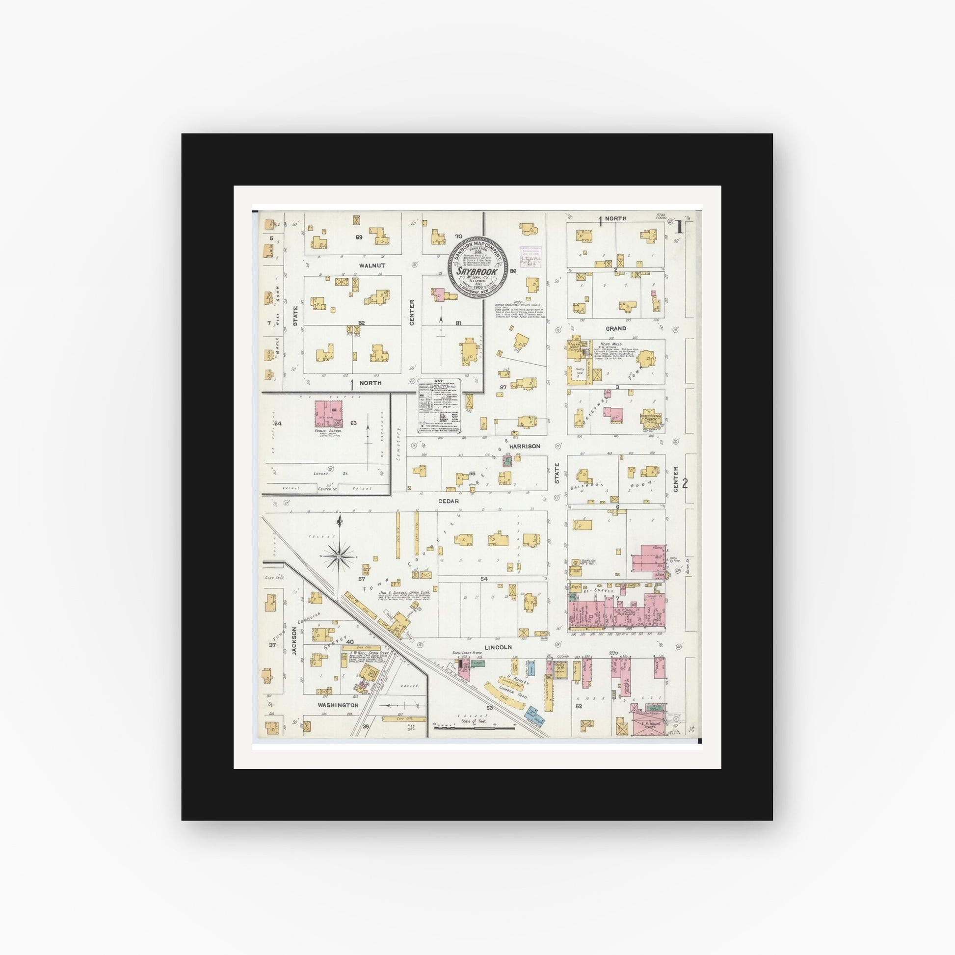 Old map wall art mockup — black gallery frame with white mat — Sanborn Fire Insurance Map from Saybrook, McLean County, Illinois (1906) - Complete Map Set