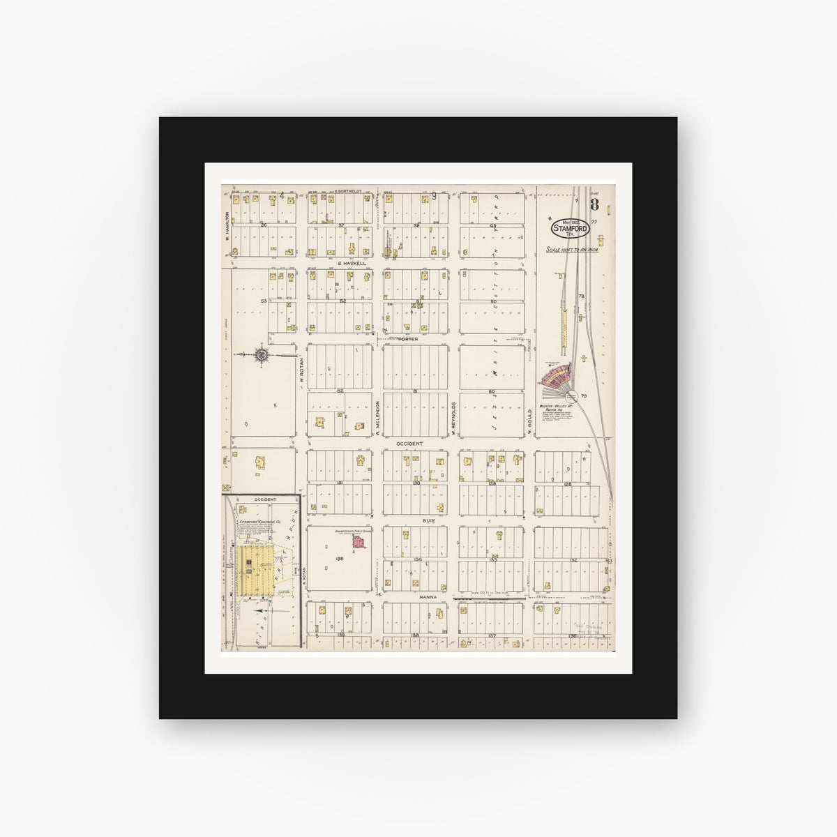 Old map wall art mockup — black gallery frame with white mat — Sanborn Fire Insurance Map from Stamford, Jones County, Texas (1922), Sheet #0008