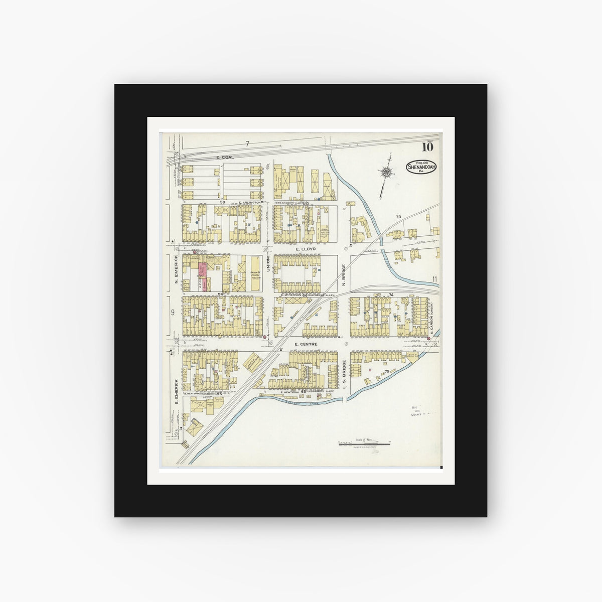 Old map wall art mockup — black gallery frame with white mat — Sanborn Fire Insurance Map from Shenandoah, Schuylkill County, Pennsylvania (1921), Sheet #0010