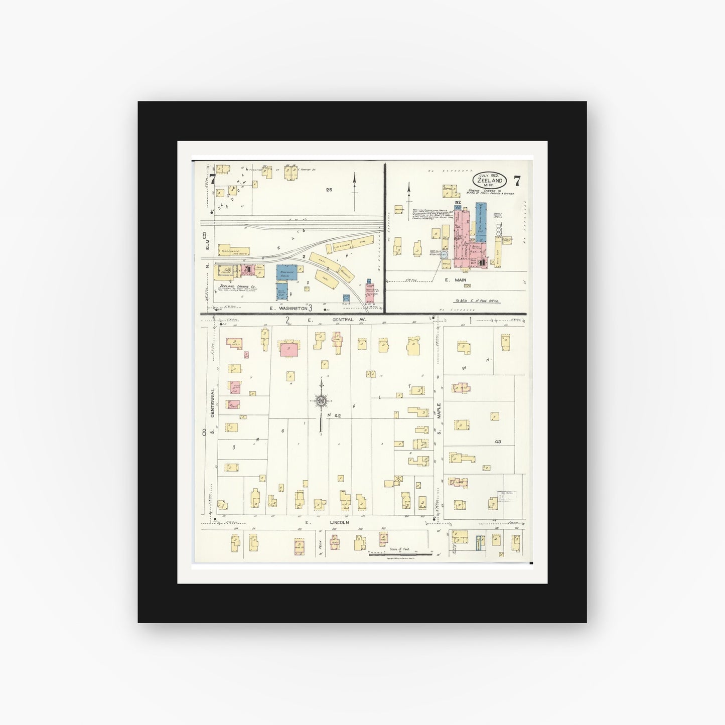 Old map wall art mockup — black gallery frame with white mat — Sanborn Fire Insurance Map from Zeeland, Ottawa County, Michigan (1923), Sheet #0007