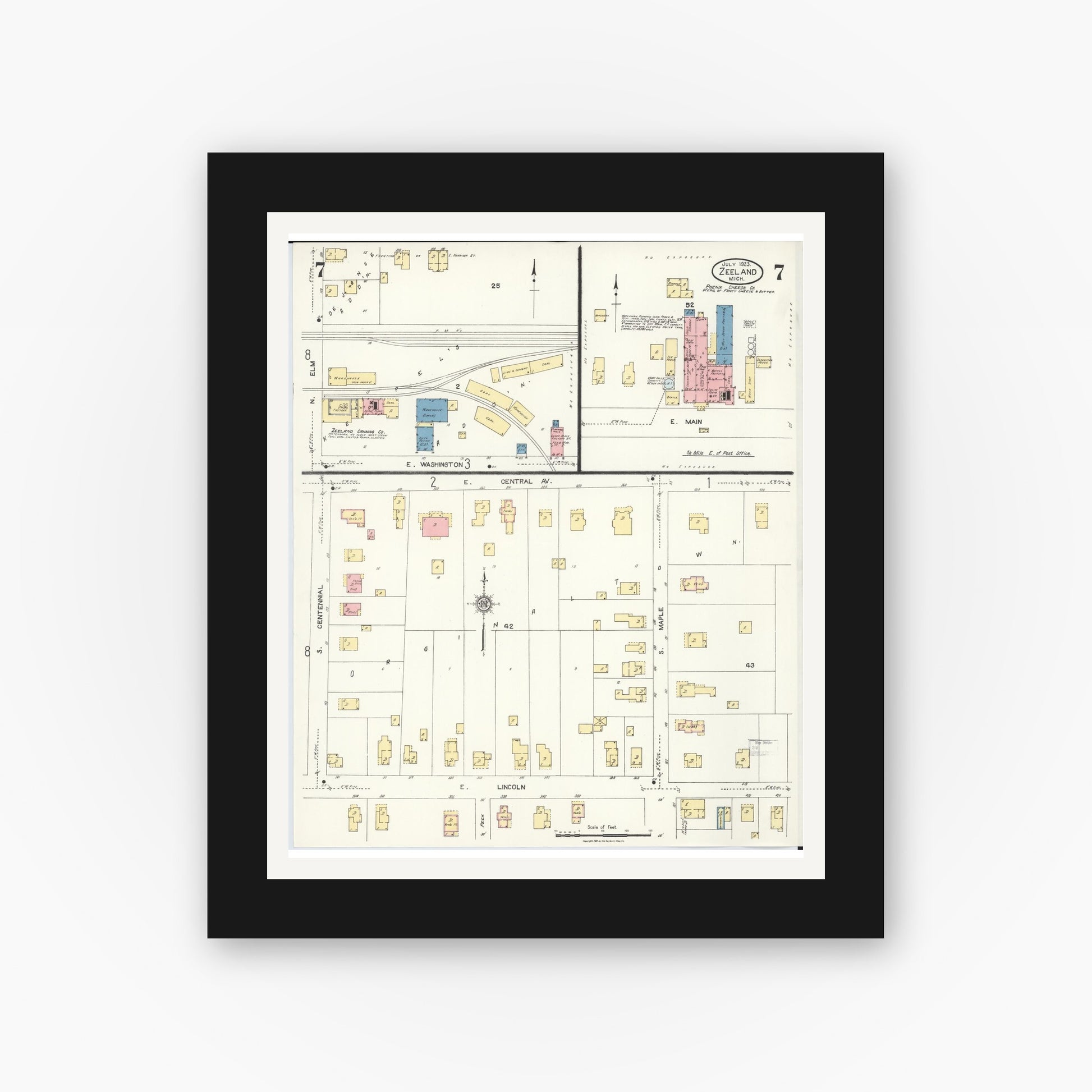 Old map wall art mockup — black gallery frame with white mat — Sanborn Fire Insurance Map from Zeeland, Ottawa County, Michigan (1923), Sheet #0007