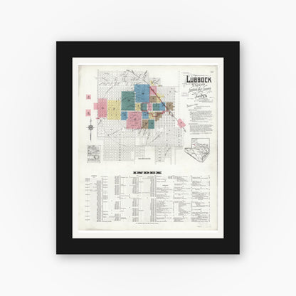 Old map wall art mockup — black gallery frame with white mat — Sanborn Fire Insurance Map from Lubbock, Lubbock County, Texas (1926) - Complete Map Set