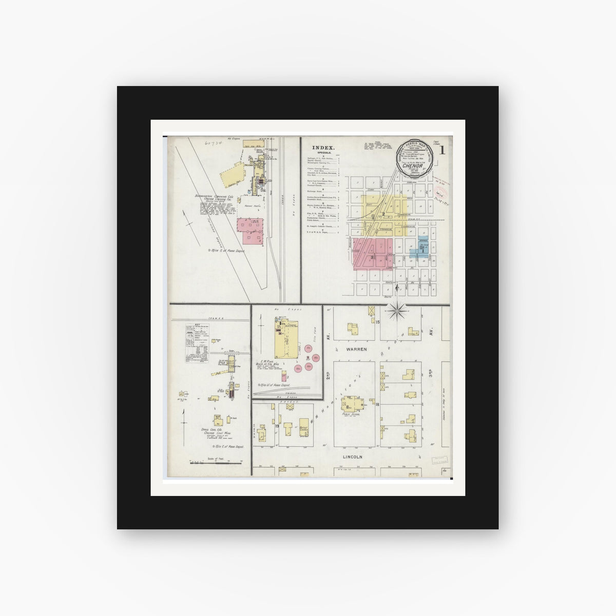 Old map wall art mockup — black gallery frame with white mat — Sanborn Fire Insurance Map from Chenoa, McLean County, Illinois (1894), Sheet #0001