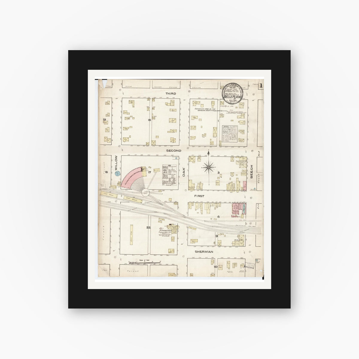 Old map wall art mockup — black gallery frame with white mat — Sanborn Fire Insurance Map from Belle Plaine, Benton County, Iowa (1883) â€” Complete Set