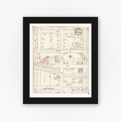 Old map wall art mockup — black gallery frame with white mat — Sanborn Fire Insurance Map from Belle Plaine, Benton County, Iowa (1883) â€” Complete Set