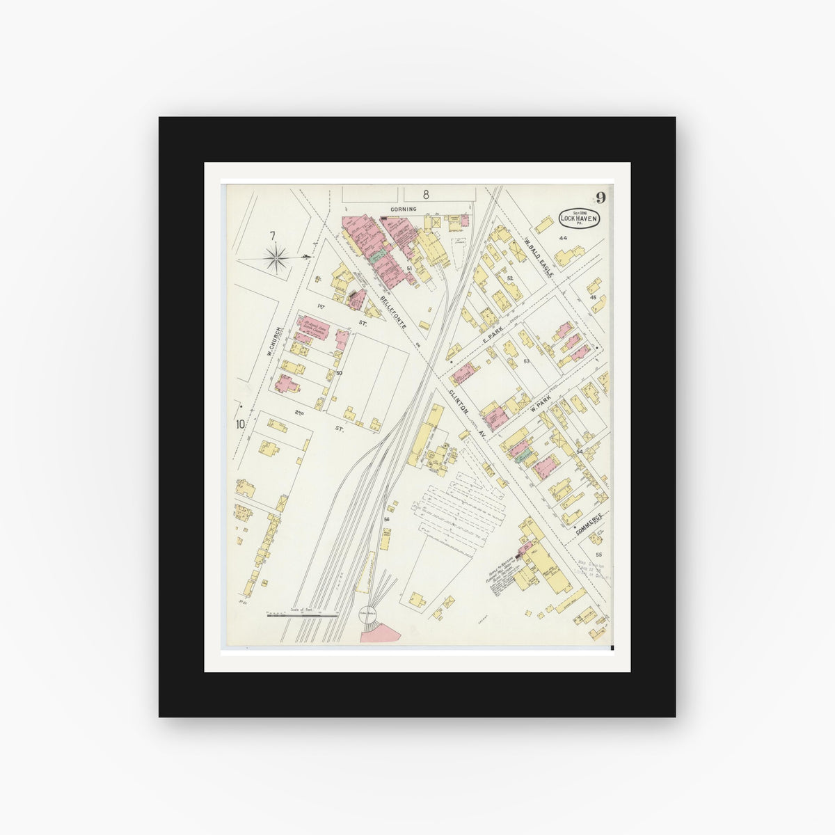 Old map wall art mockup — black gallery frame with white mat — Sanborn Fire Insurance Map from Lock Haven, Clinton County, Pennsylvania (1896), Sheet #0009