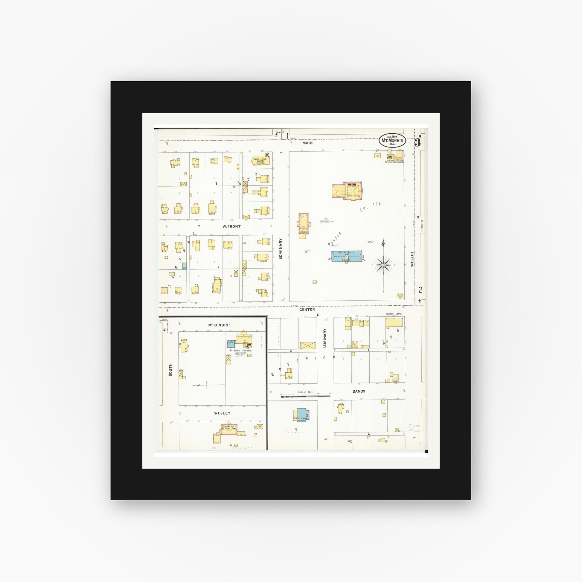 Old map wall art mockup — black gallery frame with white mat — Sanborn Fire Insurance Map from Mount Morris, Ogle County, Illinois (1899), Sheet #0003
