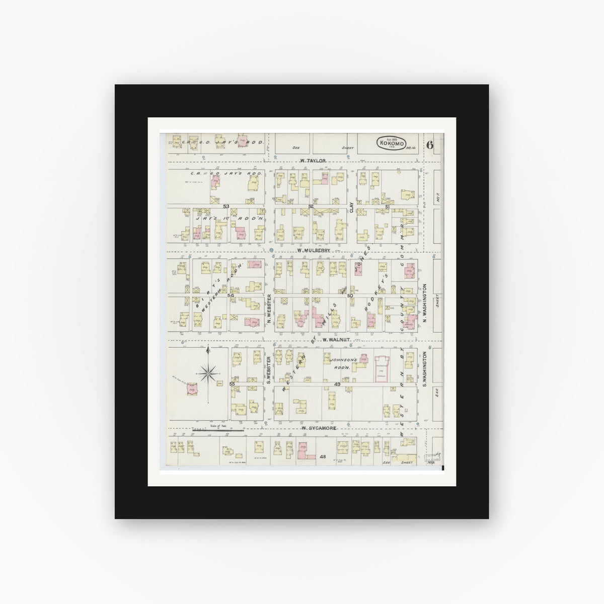 Old map wall art mockup — black gallery frame with white mat — Sanborn Fire Insurance Map from Kokomo, Howard County, Indiana (1889), Sheet #0006