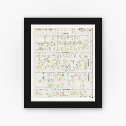 Old map wall art mockup — black gallery frame with white mat — Sanborn Fire Insurance Map from Kokomo, Howard County, Indiana (1889), Sheet #0006