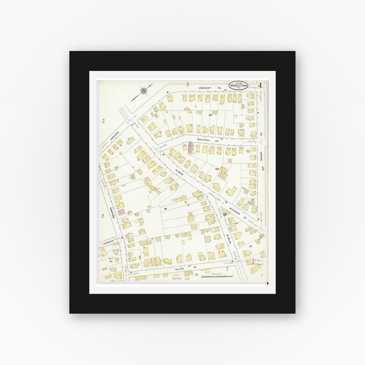 Old map wall art mockup — black gallery frame with white mat — Sanborn Fire Insurance Map from Middletown, Orange County, New York (1910), Sheet #0004