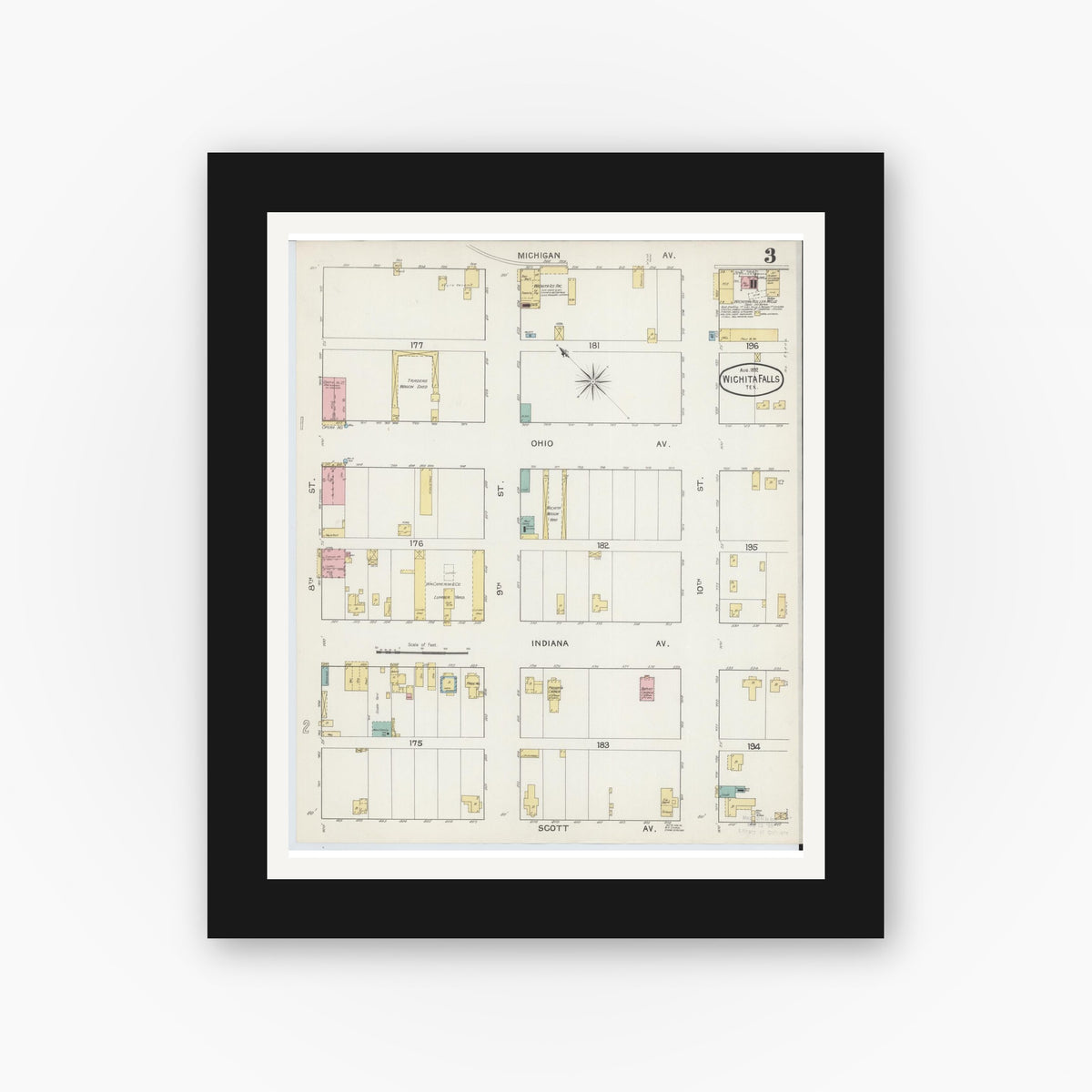 Old map wall art mockup — black gallery frame with white mat — Sanborn Fire Insurance Map from Wichita Falls, Wichita County, Texas (1892), Sheet #0003