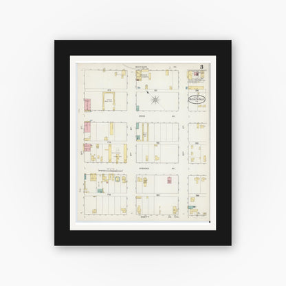 Old map wall art mockup — black gallery frame with white mat — Sanborn Fire Insurance Map from Wichita Falls, Wichita County, Texas (1892), Sheet #0003