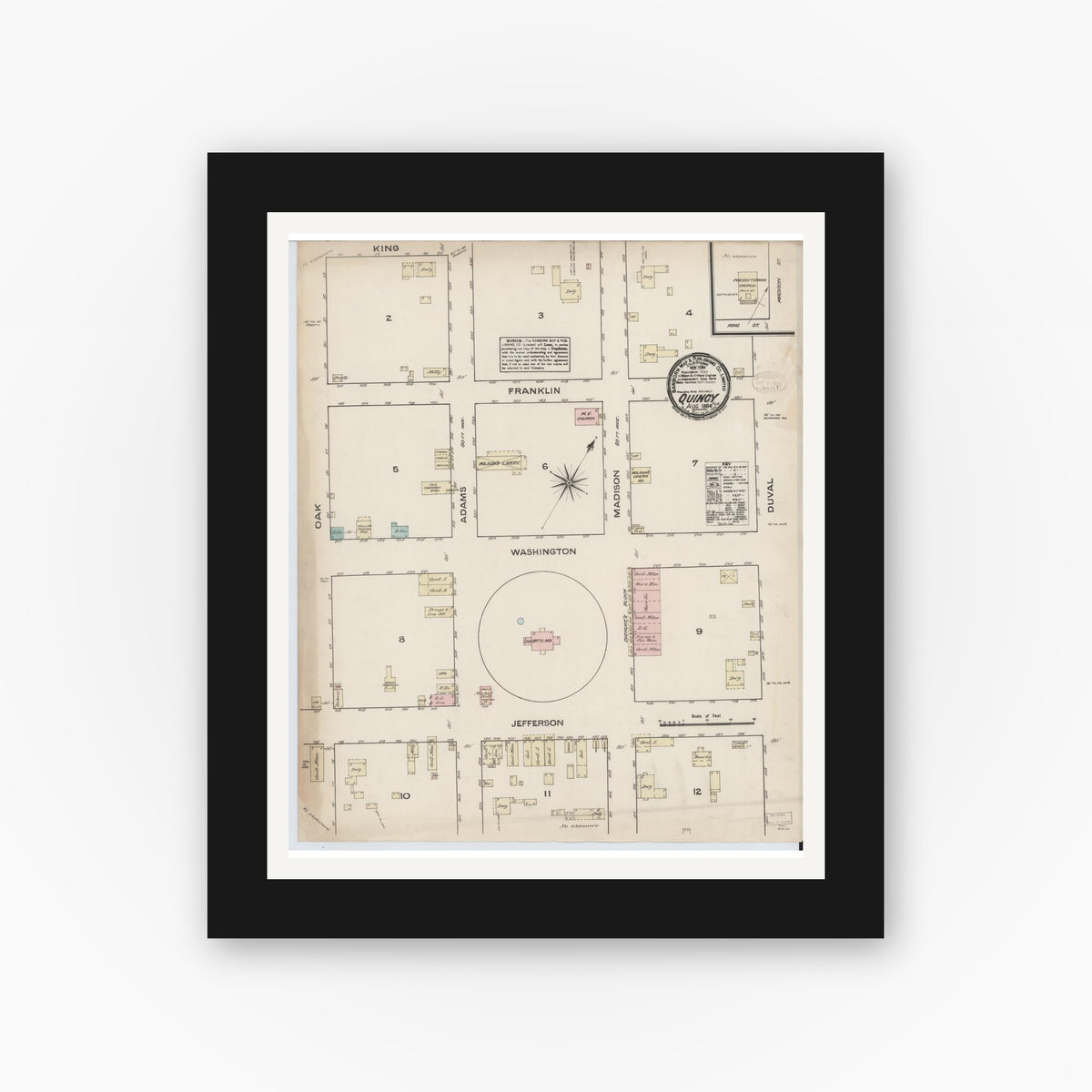 Old map wall art mockup — black gallery frame with white mat — Sanborn Fire Insurance Map from Quincy, Gadsden County, Florida (1884), Sheet #0001
