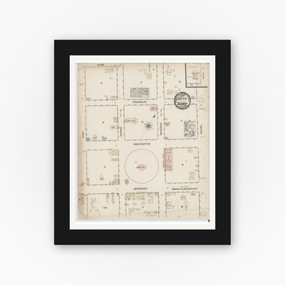 Old map wall art mockup — black gallery frame with white mat — Sanborn Fire Insurance Map from Quincy, Gadsden County, Florida (1884), Sheet #0001