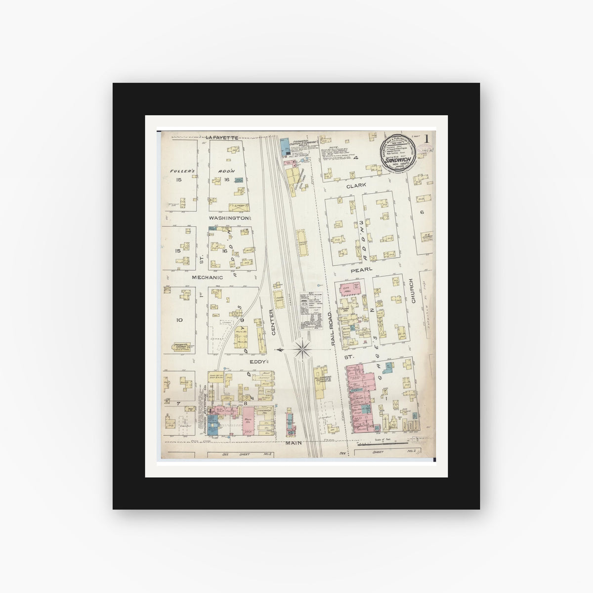 Old map wall art mockup — black gallery frame with white mat — Sanborn Fire Insurance Map from Sandwich, De Kalb County, Illinois (1885) - Complete Map Set