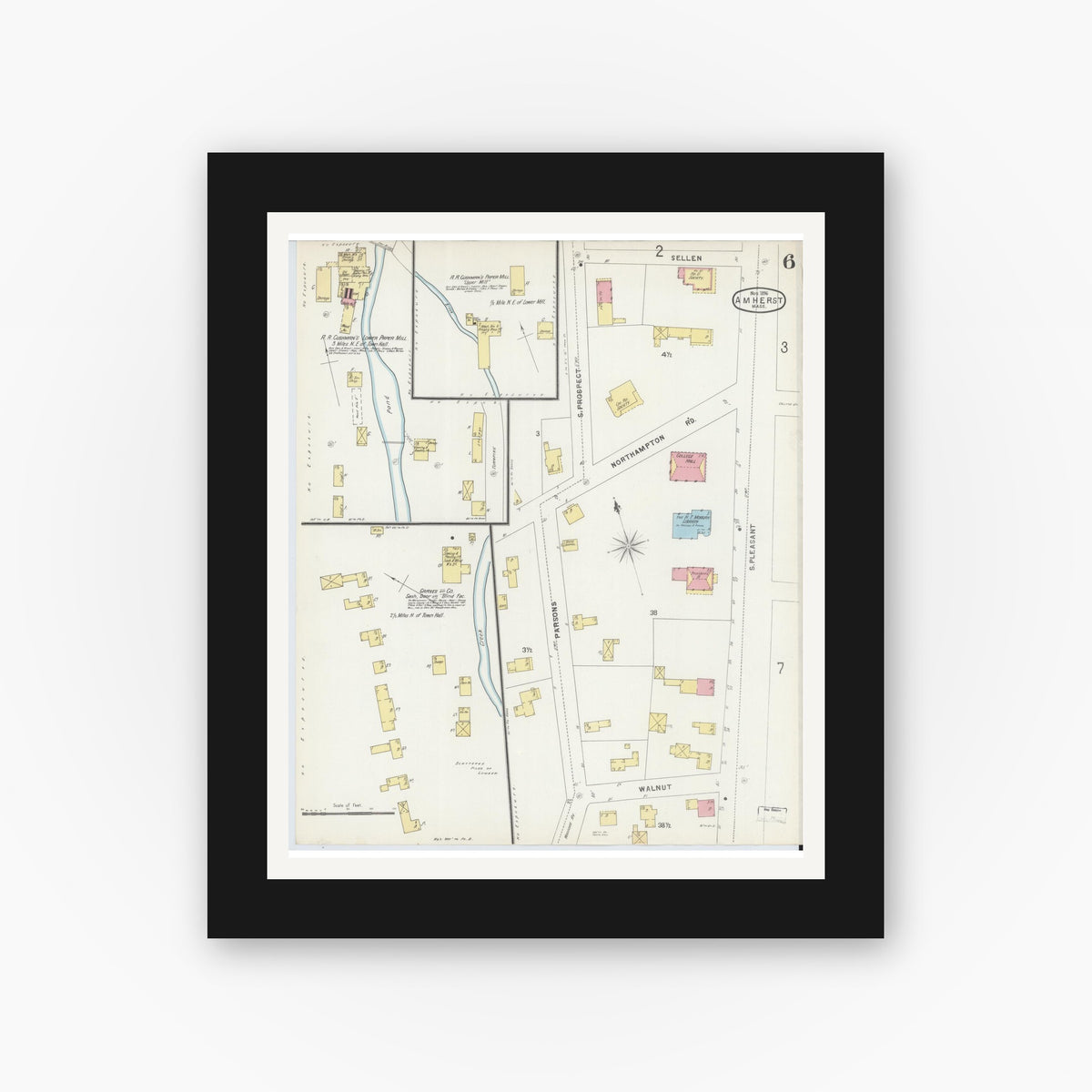 Old map wall art mockup — black gallery frame with white mat — Sanborn Fire Insurance Map from Amherst, Hampshire County, Massachusetts (1896), Sheet #0006