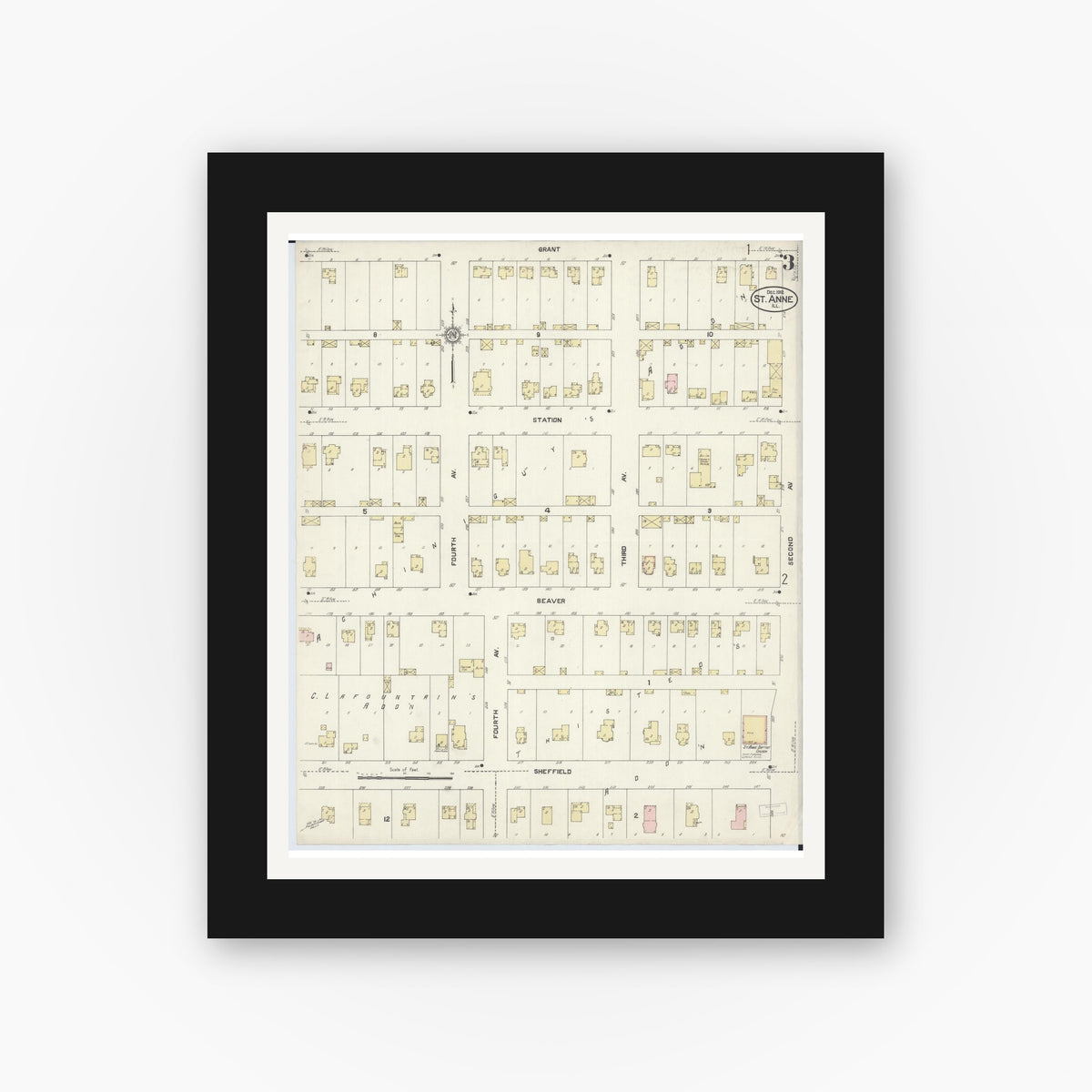 Old map wall art mockup — black gallery frame with white mat — Sanborn Fire Insurance Map from Saint Anne, Kankakee County, Illinois (1912), Sheet #0003