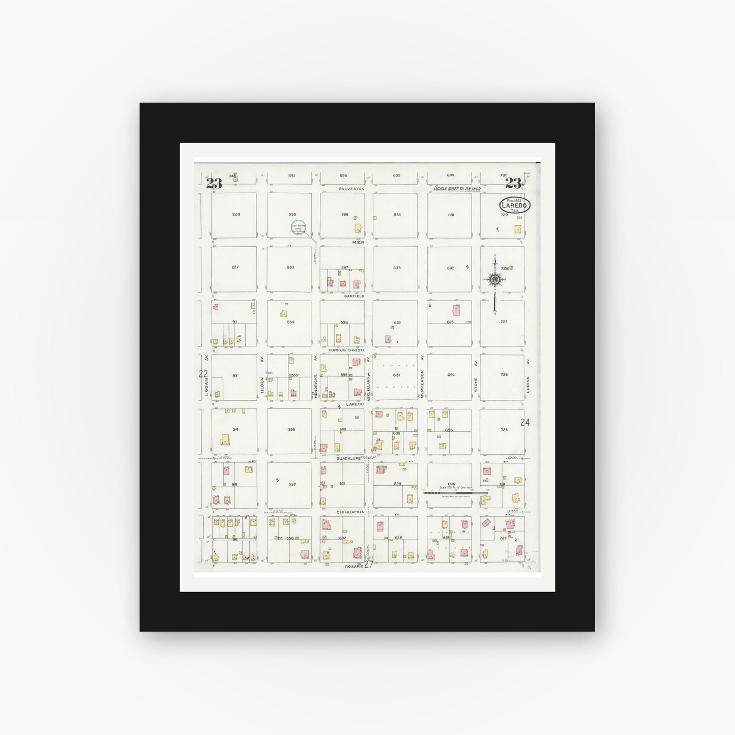 Old map wall art mockup — black gallery frame with white mat — Sanborn Fire Insurance Map from Laredo, Webb County, Texas (1925), Sheet #0023